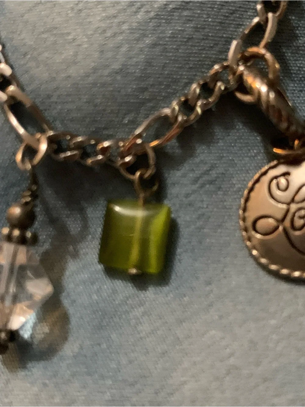 Vintage Brighton Silver-Tone Charm Bracelet with Green and Clear Crystal Accents